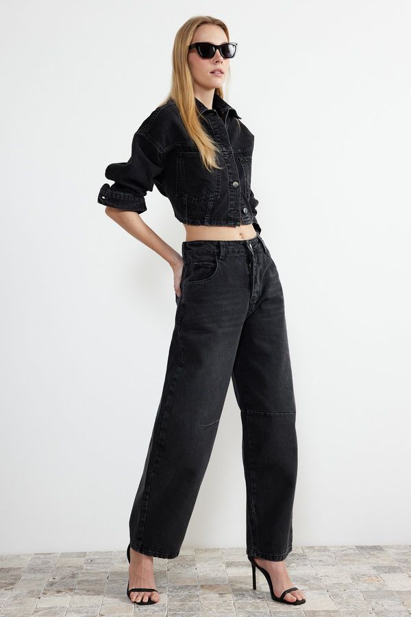 Trendyol Trendyol Black Stitching Detailed High Waist Barrel Jeans