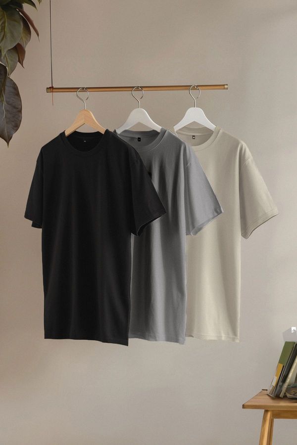 Trendyol Trendyol Black-Stone-Anthracite Large Size 3-Pack Regular Cut 100% Cotton T-Shirt