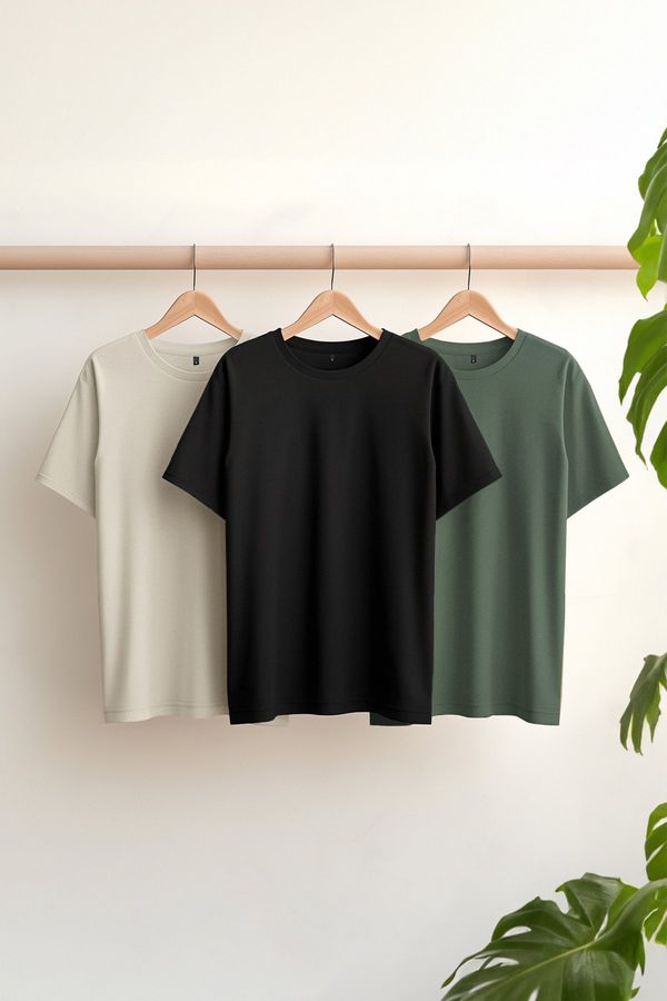 Trendyol Trendyol Black-Stone-Dark Green Slim/Slim Cut Crew Neck Basic 100% Cotton 3-Pack T-Shirt