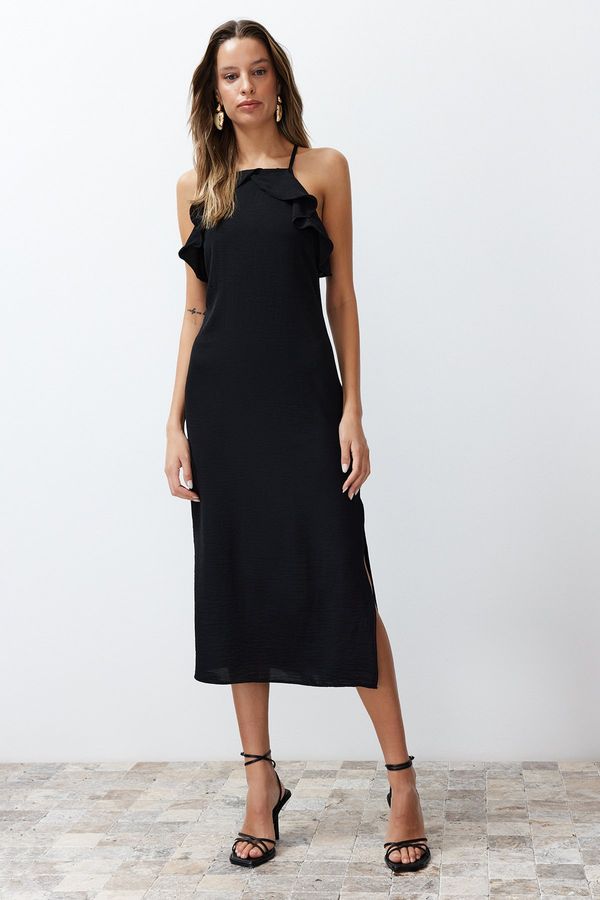 Trendyol Trendyol Black Straight Cut Ruffle Detail Maxi Woven Dress