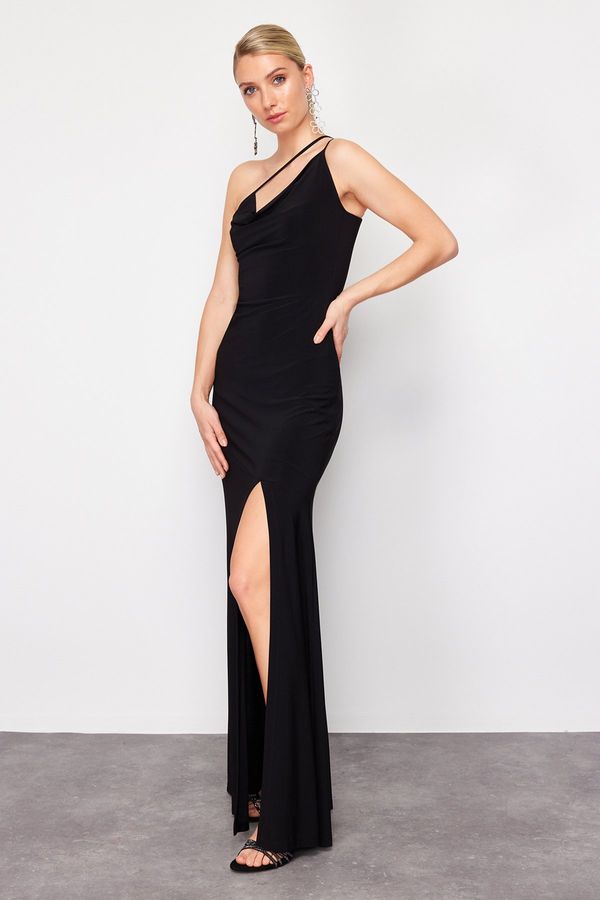 Trendyol Trendyol Black Strap Detailed Knitted Long Elegant Evening Dress
