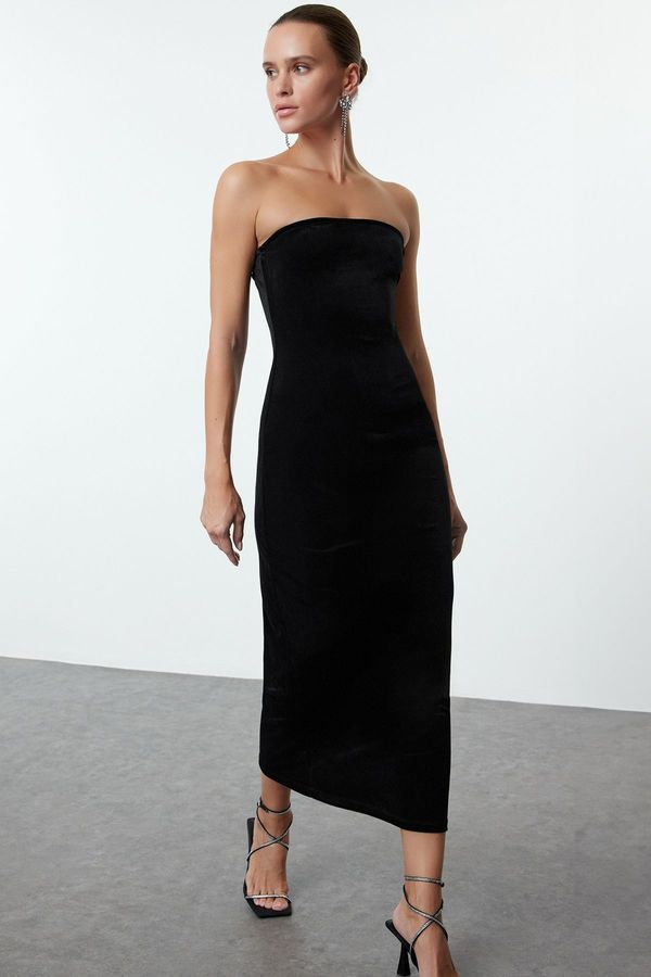 Trendyol Trendyol Black Strapless Velvet Knitted Elegant Evening Dress