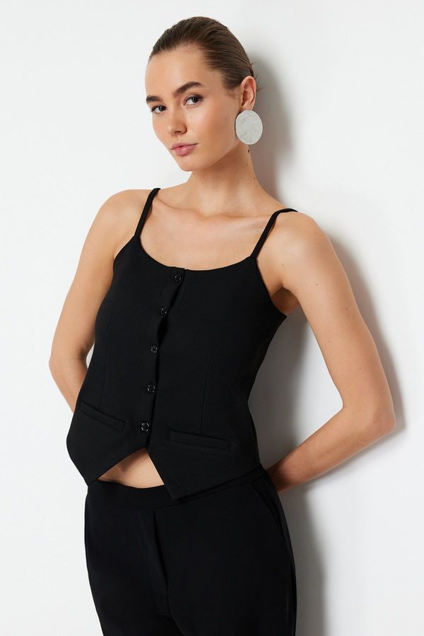 Trendyol Trendyol Black Strappy Buttoned Flexible Crop Knitted Blouse