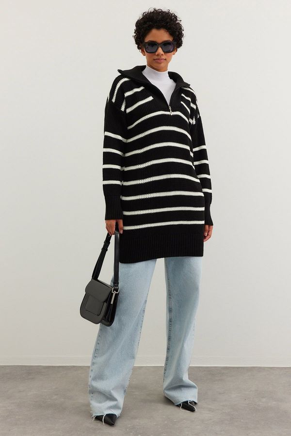 Trendyol Trendyol Black Striped Collar Zippered Knitwear Sweater