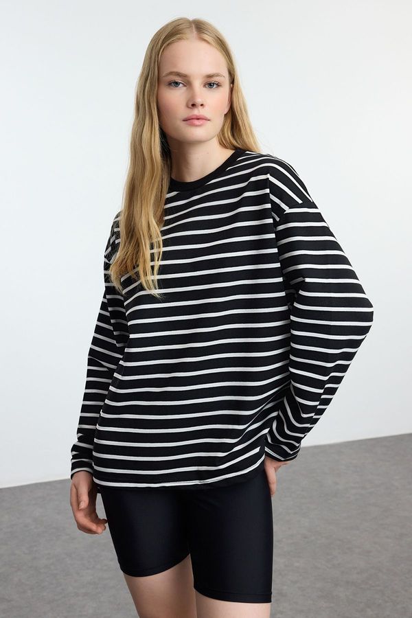 Trendyol Trendyol Black Striped Oversize/Wide Cut Crew Neck Thin Knitted Sweatshirt