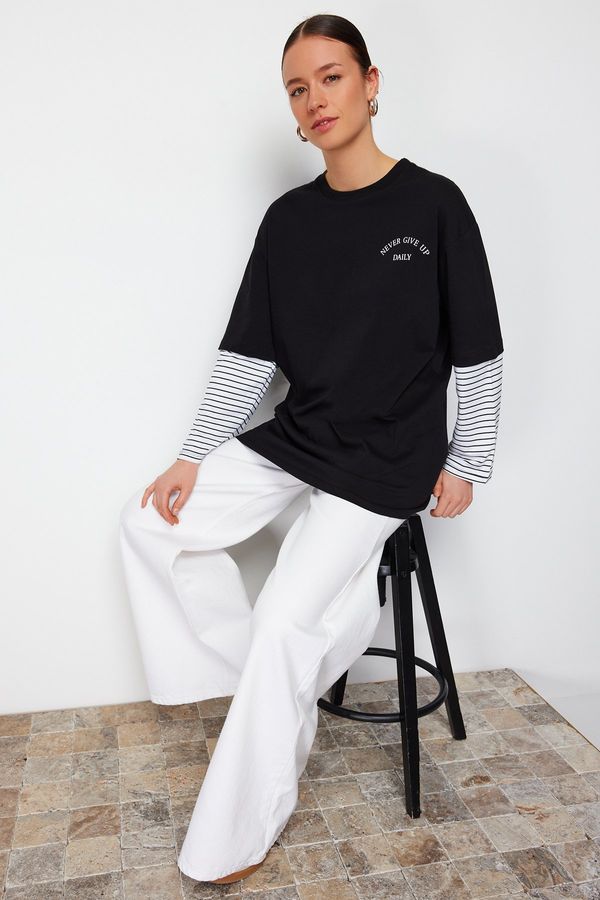 Trendyol Trendyol Black Striped Sleeve Detailed Knitted T-Shirt