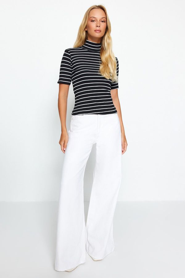 Trendyol Trendyol Black Striped Standing Collar Fitted/Simple Short Sleeve Flexible Ribbed Knitted Blouse