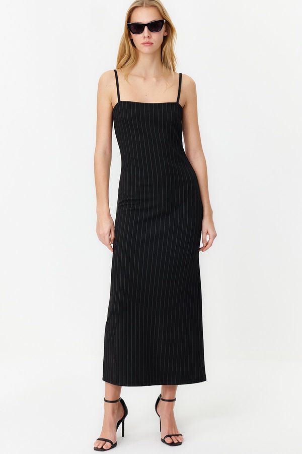 Trendyol Trendyol Black Striped Strap Bodycone/Crap Knitted Midi Dress