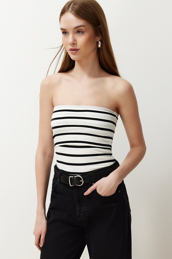 Trendyol Trendyol Black Striped Strapless Ribbed Stretchy Knitted Blouse