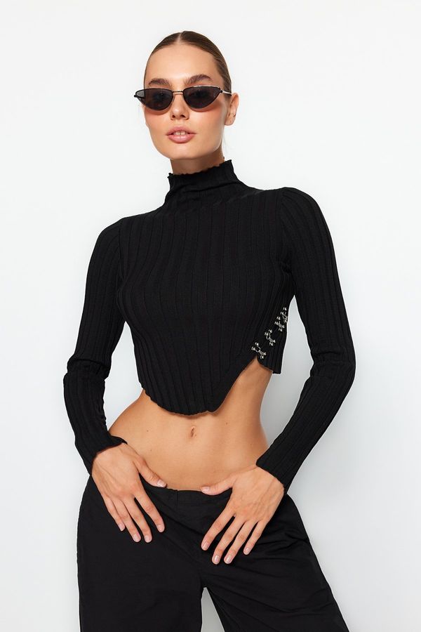 Trendyol Trendyol Black Super Crop Stand-Up Collar Knitwear Sweater