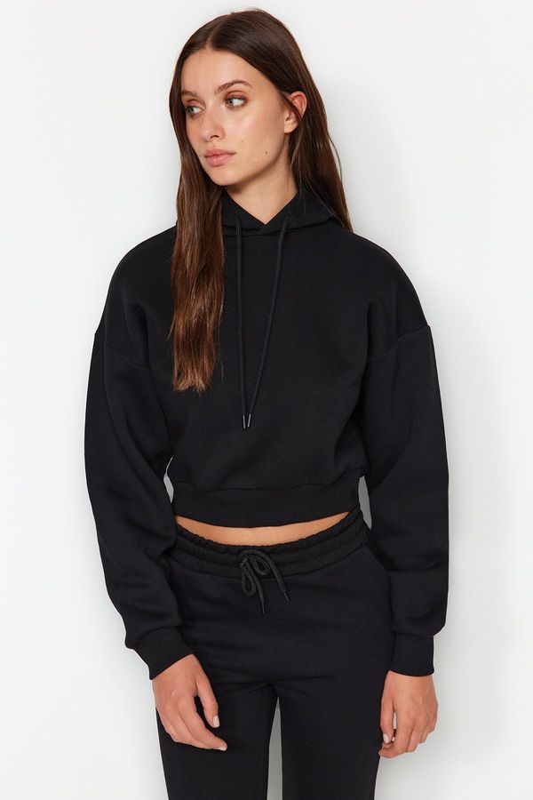 Trendyol Trendyol Black Thick Fleece Hooded Relaxed Cut Crop Basic Knitted Sweatshirt