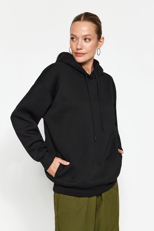Trendyol Trendyol Black Thick Fleece Inside, Pocket Detailed Hooded Regular/Regular Knitted Sweatshirt