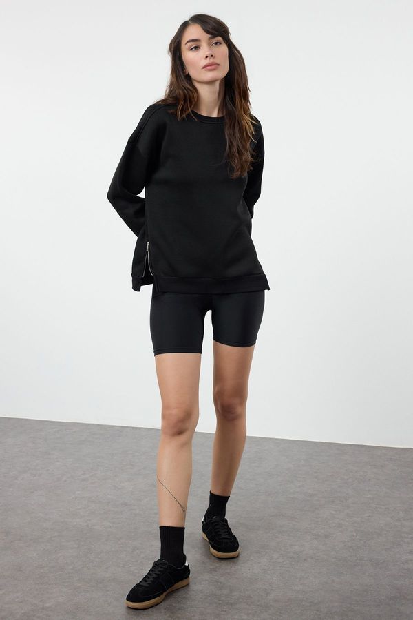 Trendyol Trendyol Black Thick Polar Fleece Zipper Detailed Oversize/Wide Cut Knitted Sweatshirt