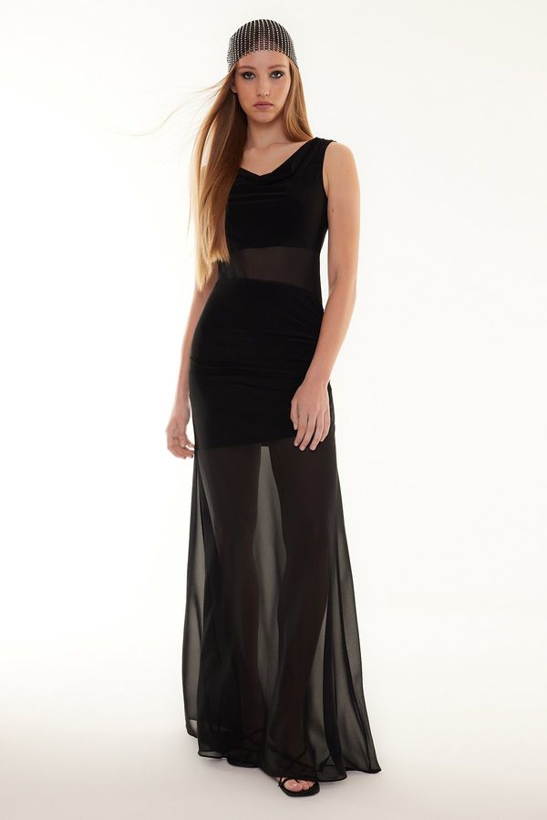 Trendyol Trendyol Black Transparent Detailed Knitted Tulle Long Elegant Evening Dress