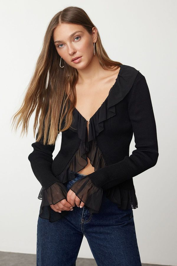 Trendyol Trendyol Black Tulle Detailed Knitwear Cardigan