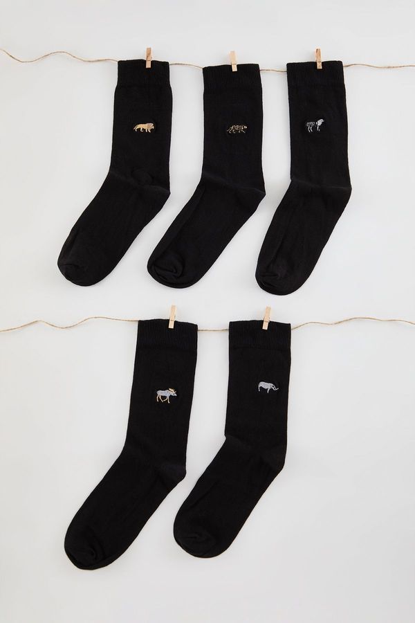 Trendyol Trendyol Black Unisex 5-Pack Animal Embroidered Cotton Sock-Long Socks