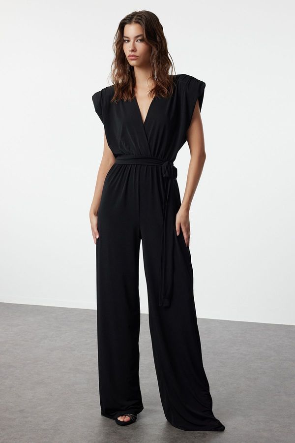 Trendyol Trendyol Black V Neck Belted Knitted Jumpsuit