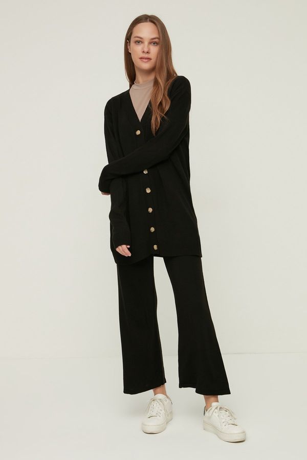 Trendyol Trendyol Black V-Neck Button Detailed Long Cardigan-Pants Knitwear Suit