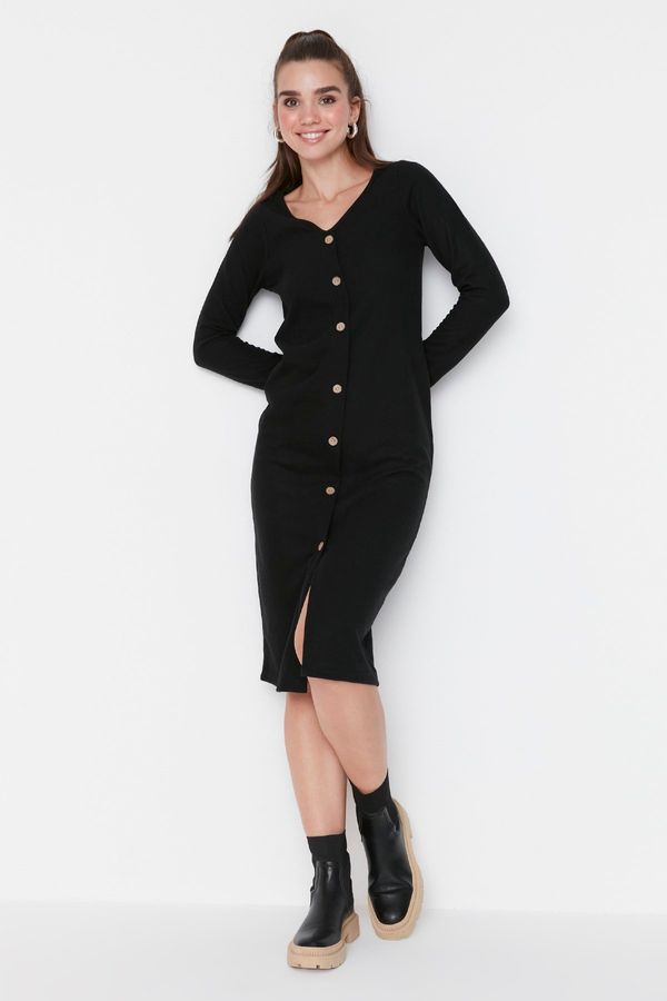 Trendyol Trendyol Black V-Neck Buttoned Midi Knitted Dress