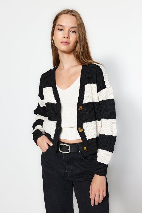 Trendyol Trendyol Black V-Neck Color Block Knitwear Cardigan