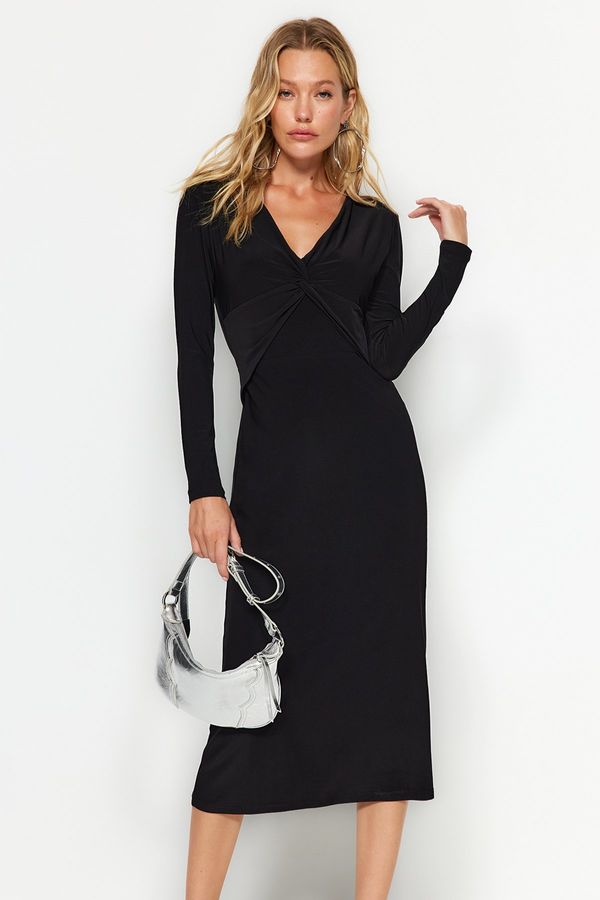 Trendyol Trendyol Black V-Neck Gathered Detail Bodycone/Fitted Elastic Midi Knitted Dress