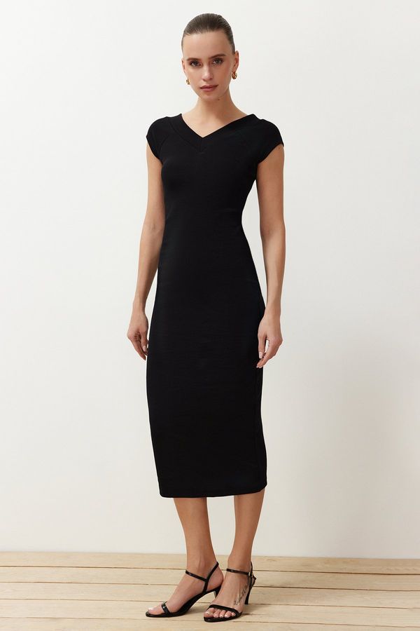 Trendyol Trendyol Black V-Neck Moon Sleeve Fitted Ribbed Flexible Knitted Knitted Midi Pencil Dress