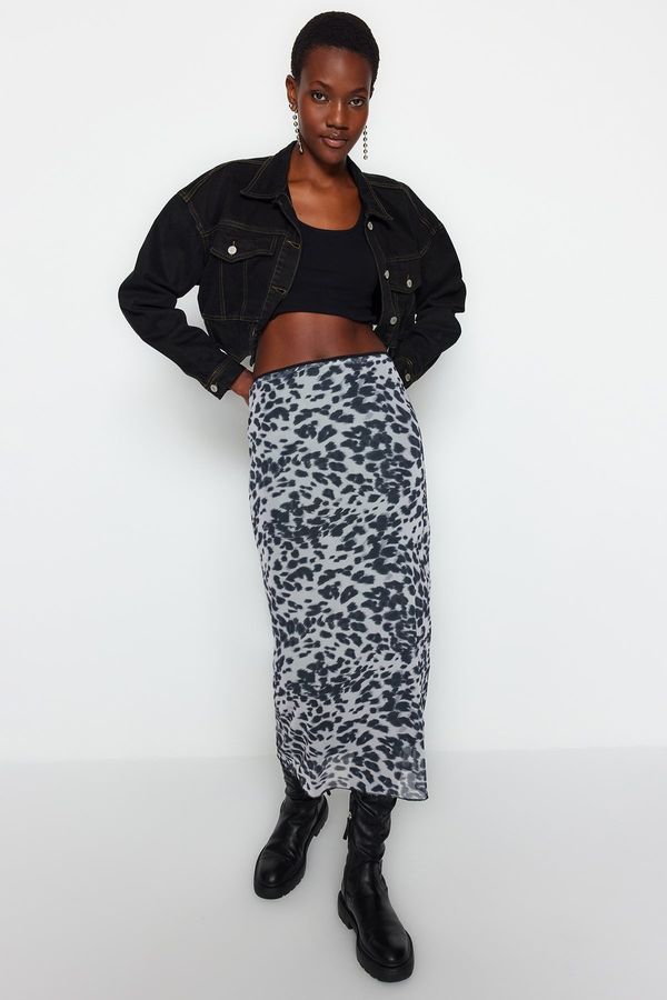 Trendyol Trendyol Black Waist Detail Printed Flexible Tulle Maxi Knitted Skirt