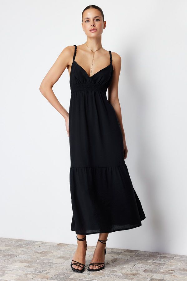 Trendyol Trendyol Black Waist Opening Strap Midi Woven Dress