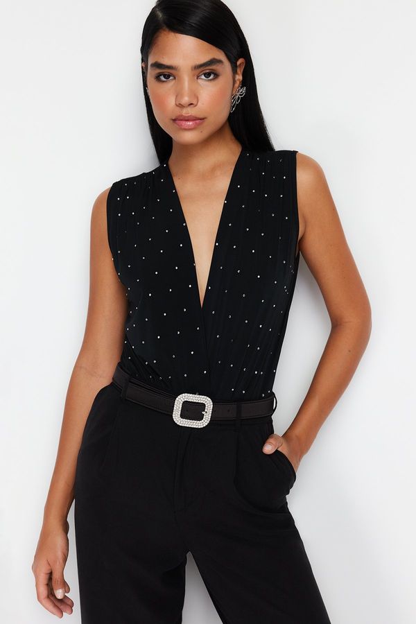 Trendyol Trendyol Black Waistband Double Breasted Knitted Shiny Stone Studs Bodysuit