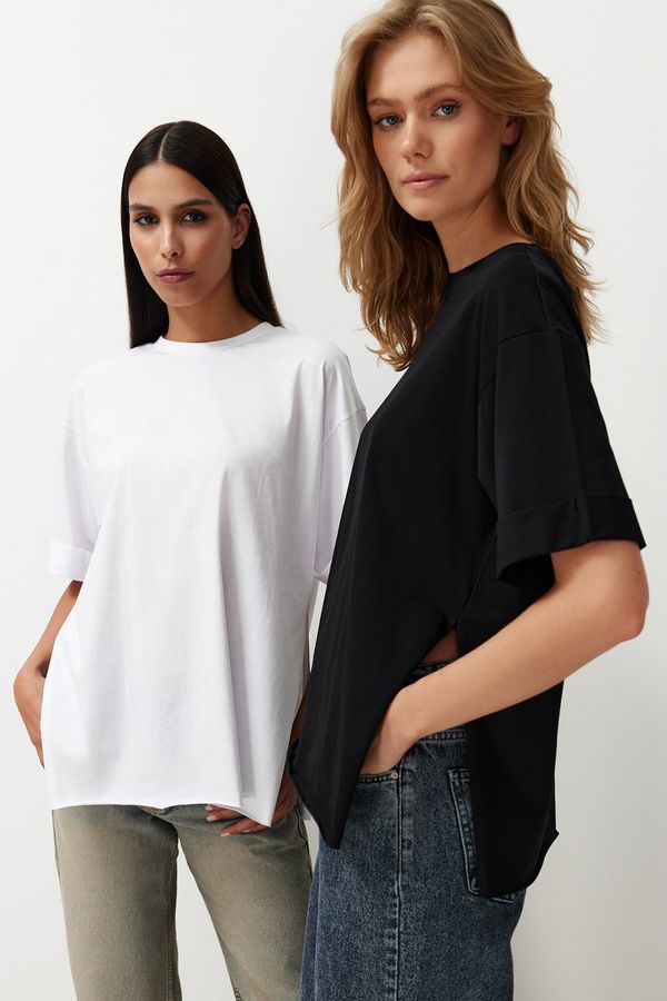 Trendyol Trendyol Black-White 2 Pack Double Sleeve Oversize/Wide Cut Asymmetric Knitted T-Shirt