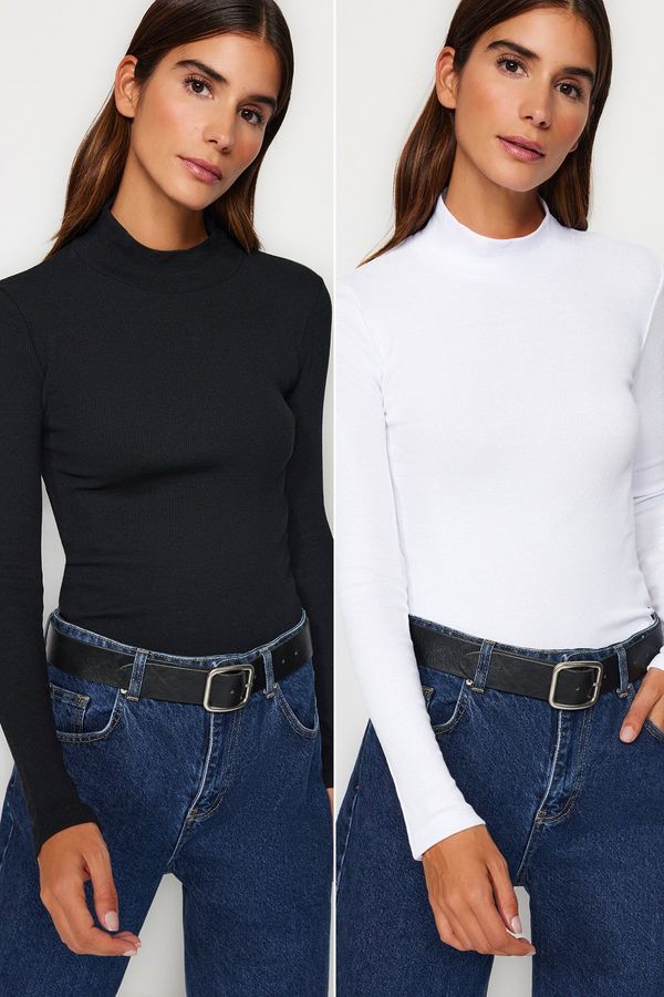 Trendyol Trendyol Black-White 2 Pack Ribbed Stand Collar Fitted Long Sleeve Stretchy Knitted Blouse