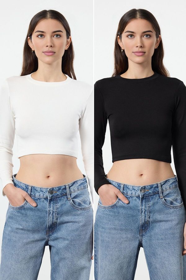 Trendyol Trendyol Black-White-Mink Striped 3-Pack Crop Fitted/Body-Smoothing Knitted Blouse