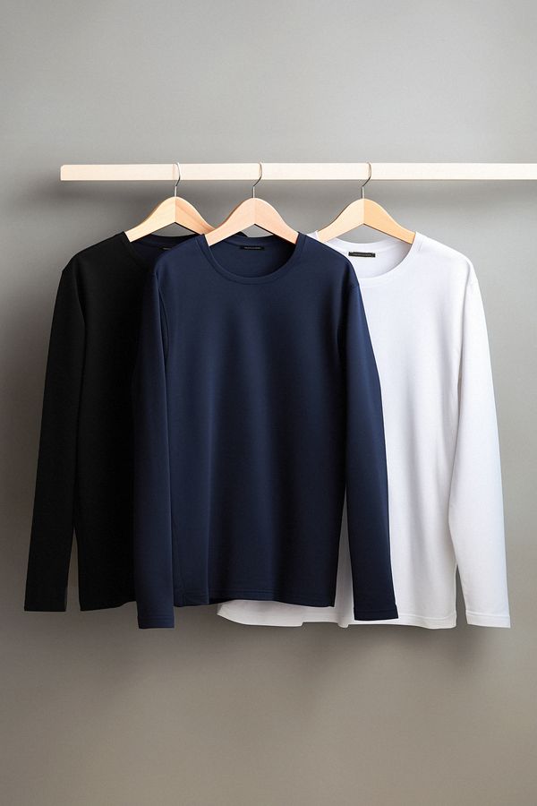 Trendyol Trendyol Black-White-Navy Blue Regular/Normal Fit Long Sleeve 3-Pack Basic T-Shirt