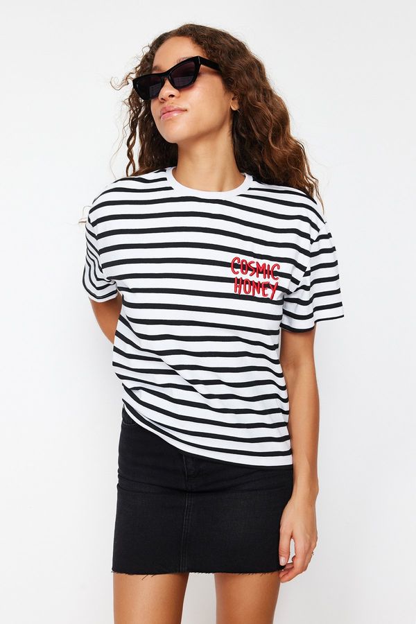 Trendyol Trendyol Black-White Striped Slogan Embroidery Detailed Relaxed/Comfortable Fit Knitted T-Shirt