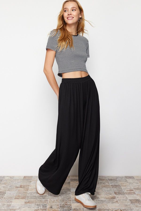 Trendyol Trendyol Black Wide Leg Ribbed Stretch Knitted Trousers