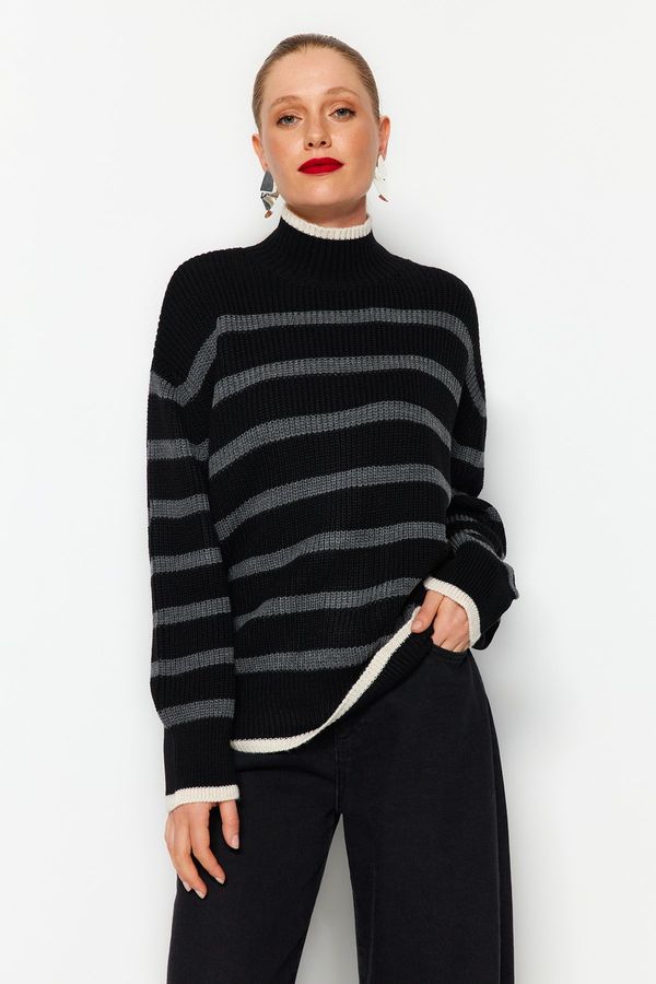 Trendyol Trendyol Black Wide Pattern Striped Knitwear Sweater