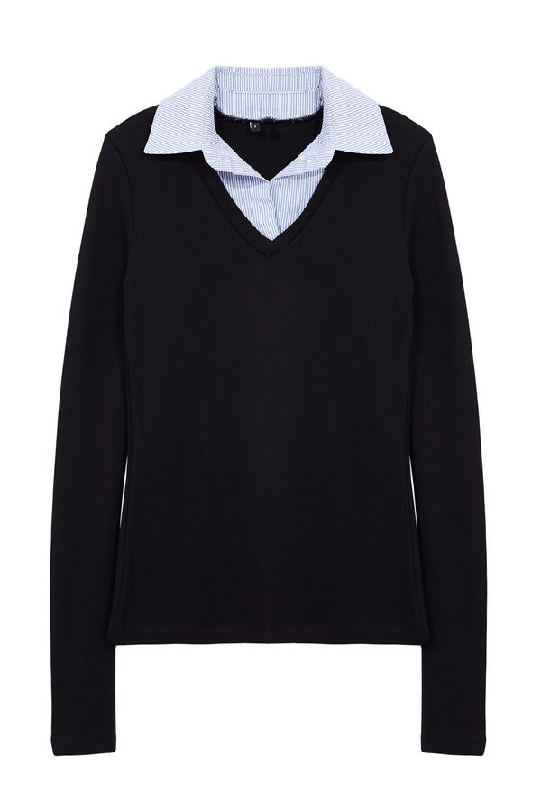 Trendyol Trendyol Black Woven Detailed Shirt Collar Regular/Normal Fit Knitted Blouse