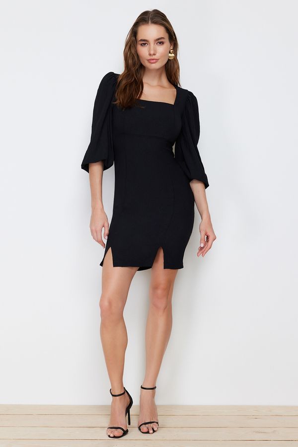 Trendyol Trendyol Black Wrap-around Square Neck Slit Mini Woven Dress