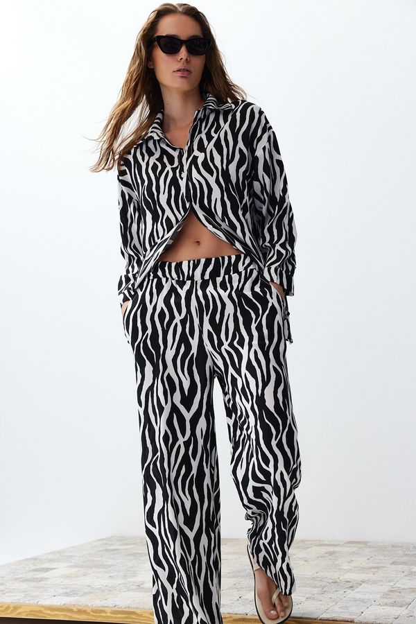 Trendyol Trendyol Black Zebra Patterned Shirt and Trousers Woven Bottom-Top Set