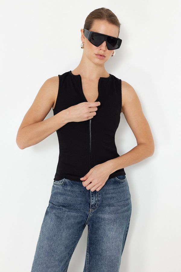 Trendyol Trendyol Black Zipper Zero Sleeve Body Fitted Ribbed Flexible Knitted Blouse