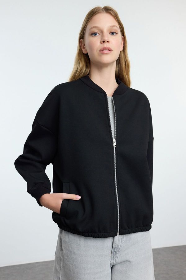 Trendyol Trendyol Black Zippered Oversize/Wide Fit Knitted Sweatshirt