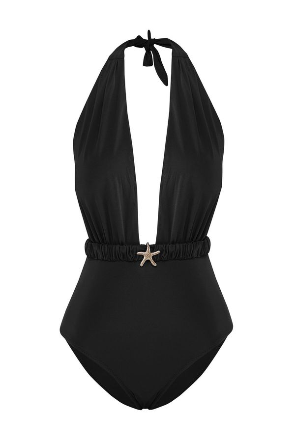 Trendyol Trendyol Black*001 Plain Deep V Accessory Strappy Swimsuit