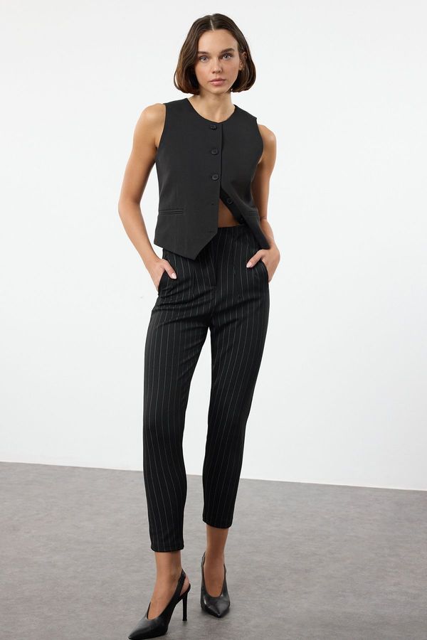 Trendyol Trendyol Black*001 Stitching Detailed Striped High Waist Carrot Fit Knitted Trousers