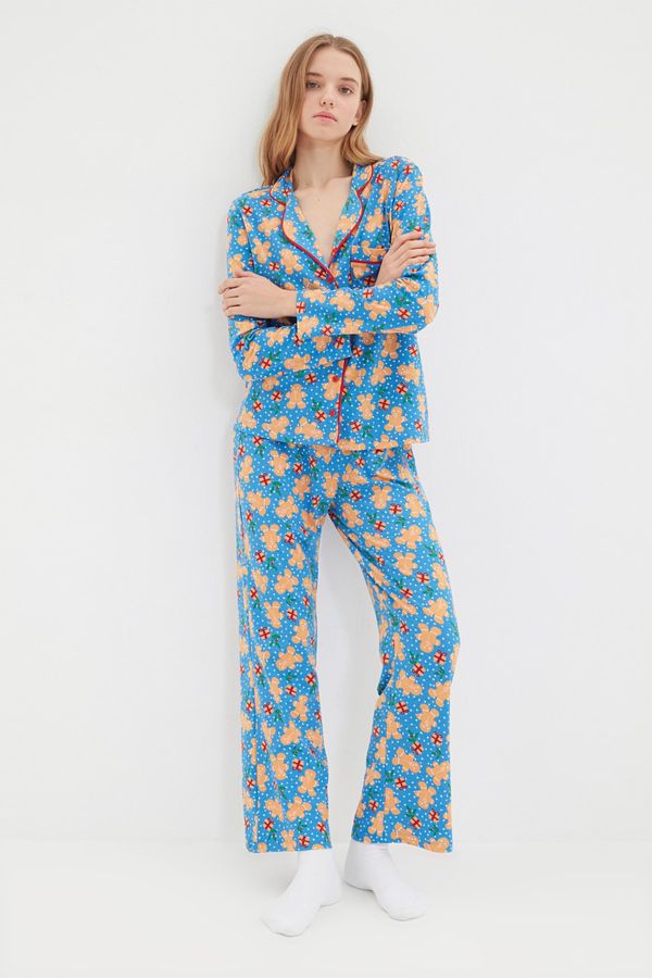 Trendyol Trendyol Blue 100% Cotton Christmas Themed Knitted Pajama Set