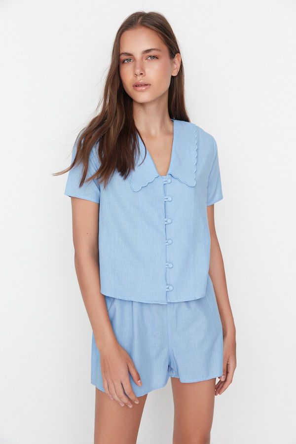 Trendyol Trendyol Blue 100% Cotton Collar Detailed Shirt-Shorts Woven Pajama Set