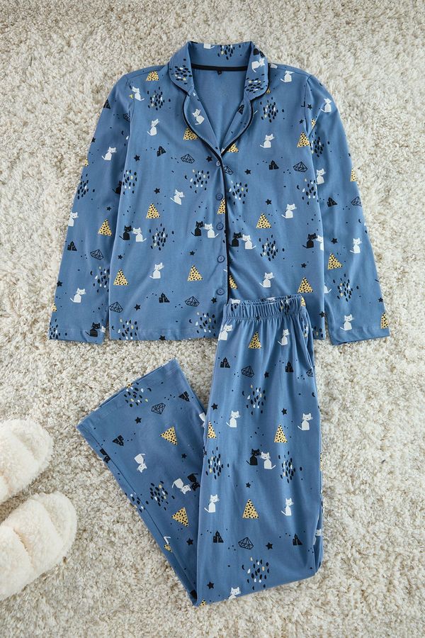 Trendyol Trendyol Blue 100% Cotton Patterned Knitted Pajama Set