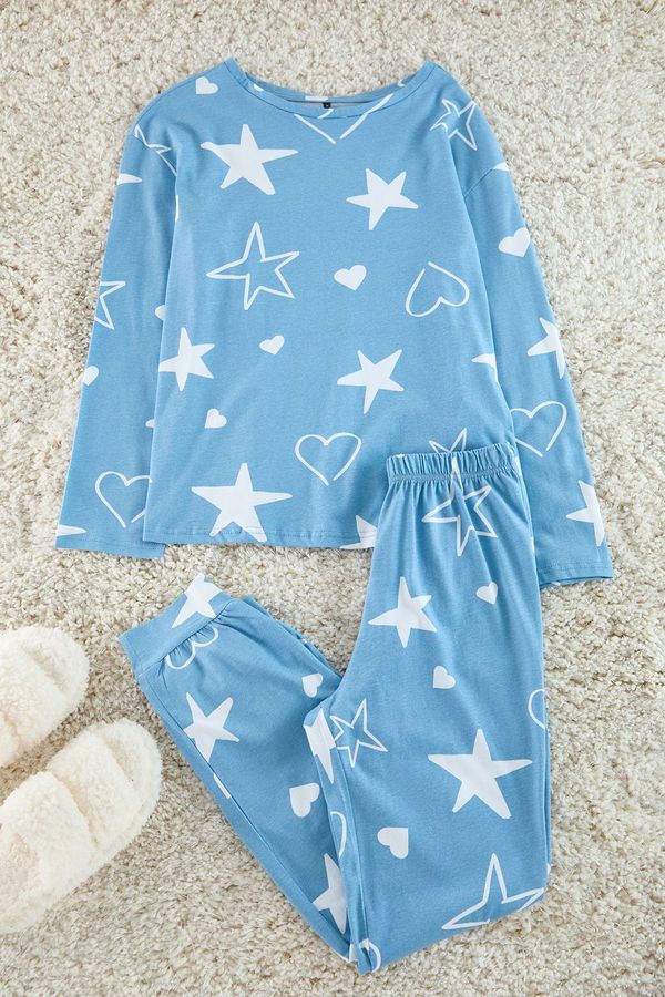 Trendyol Trendyol Blue 100% Cotton Star and Heart Knitted Pajama Set