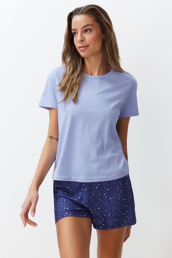 Trendyol Trendyol Blue 100% Cotton Star Pattern Knitted Pajamas Set