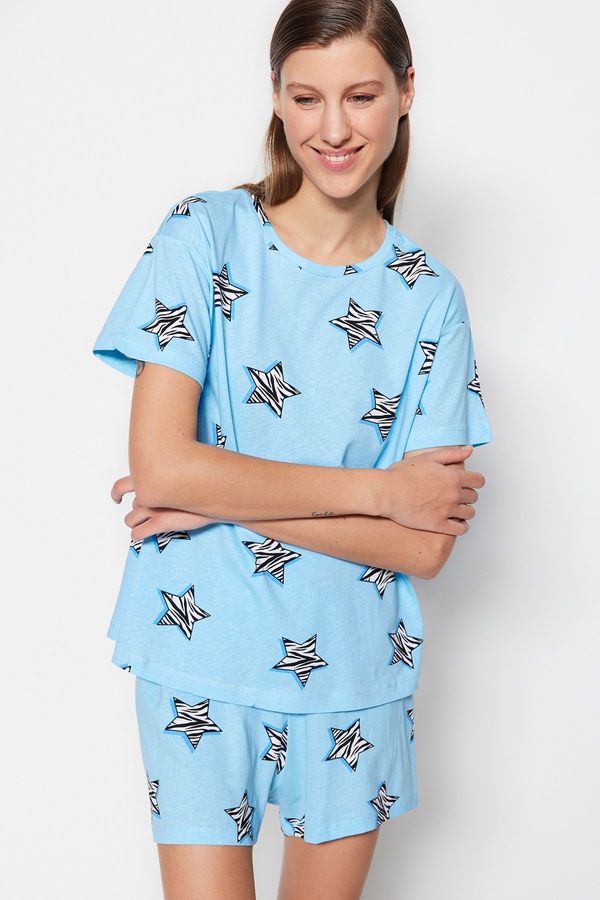 Trendyol Trendyol Blue 100% Cotton Star Pattern T-shirt-Shorts Knitted Pajamas Set
