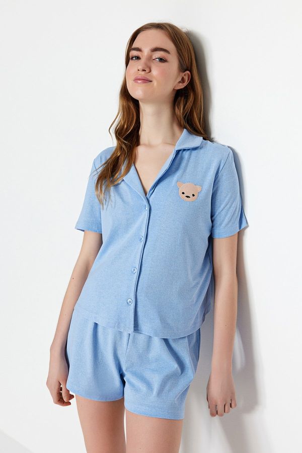 Trendyol Trendyol Blue 100% Cotton Teddy Bear Embroidered Shirt-Shorts Knitted Pajamas Set